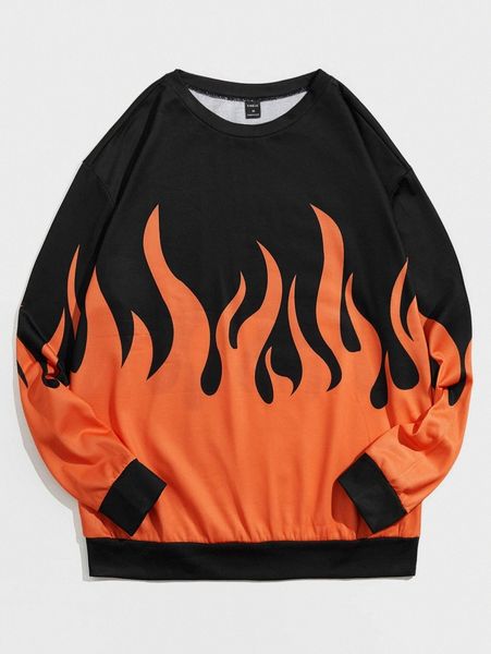 

men fire print round neck pullover i5nt#, Black