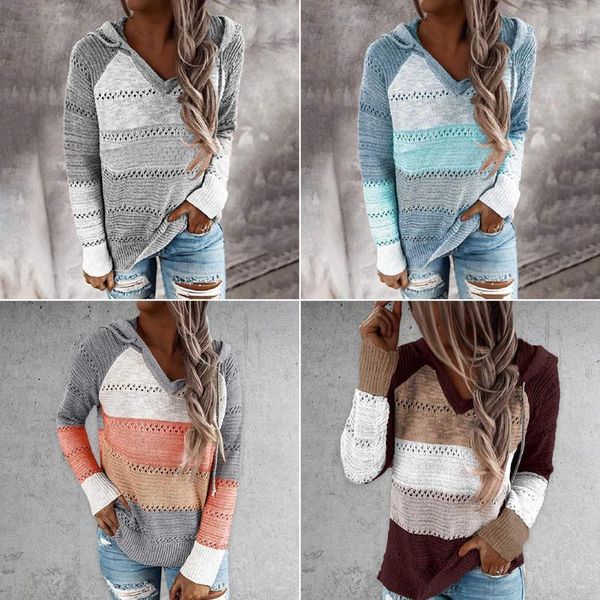 

warm sweater women autumn winter long sleeve loose v-neck fashion splicing color hooded pullover drawstring women's sweaters, White;black