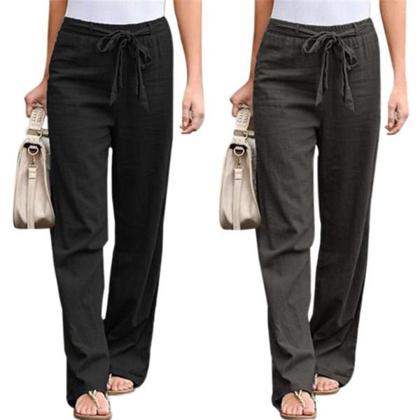 

women's pants & capris 2 pcs elastic waist solid color cotton and linen wide-leg loose trousers l size, black grey, Black;white