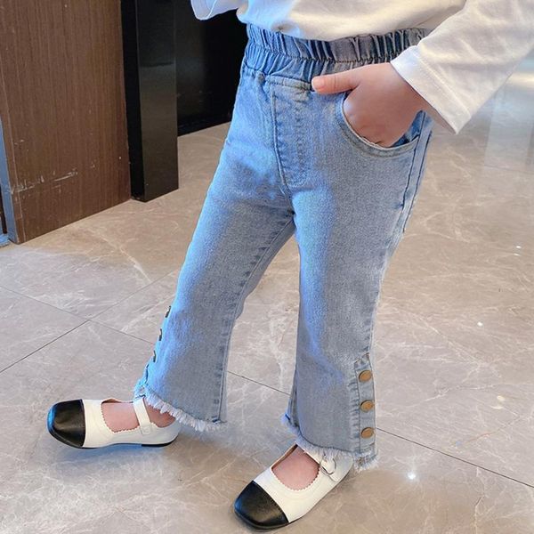

jeans girls button for ripped kids spring autumn clothes casual style, Blue