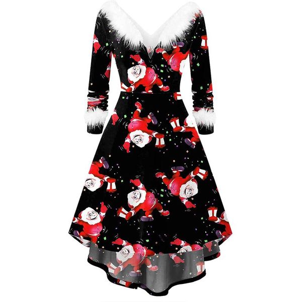 

casual dresses 2021 women winter christmas clothing 50s vintage santa claus star snow ball print dress party long sleeve midi, Black;gray