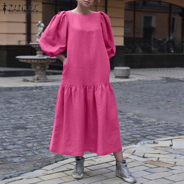 

casual dresses fashion women autumn sundress o neck 3/4 sleeve solid loose dress zanzea summer ruffles hem party vestidos robe femme, Black;gray