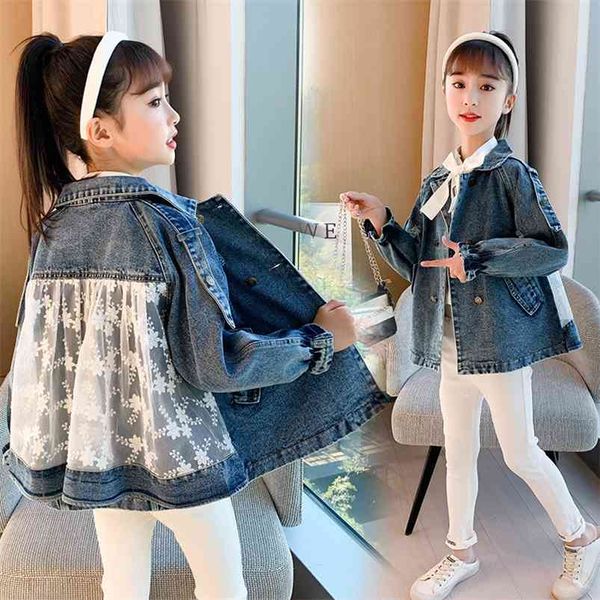 Primavera Bambini Girls Denim Giacche di Denim Colletto Giuridico Bambini Cappotti patchwork in pizzo Colore coreano Allo sciolto Doppio bottone Top 8 12 14yrs 210622