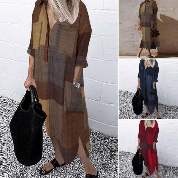 

casual dresses vintage check shirt dress women's autumn sundress zanzea 2021 long sleeve midi vestidos female lapel plaid robe plus siz, Black;gray