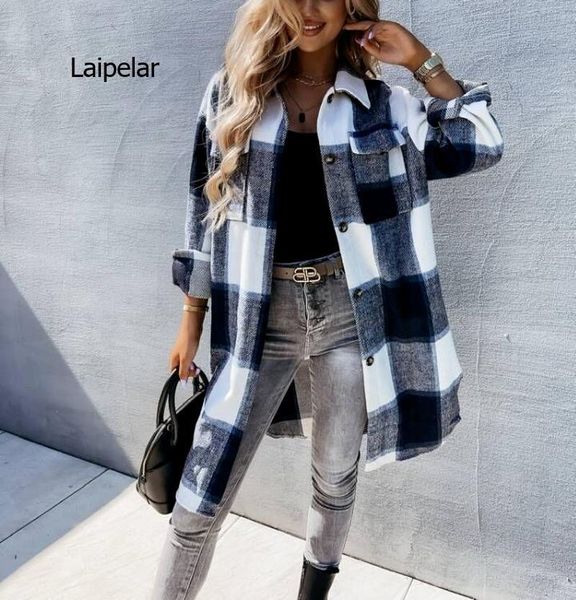 

women's wool & blends autumn casual plaid shirt women coats buttons pockets female jackets streetwear ladies middle length loose outerw, Black