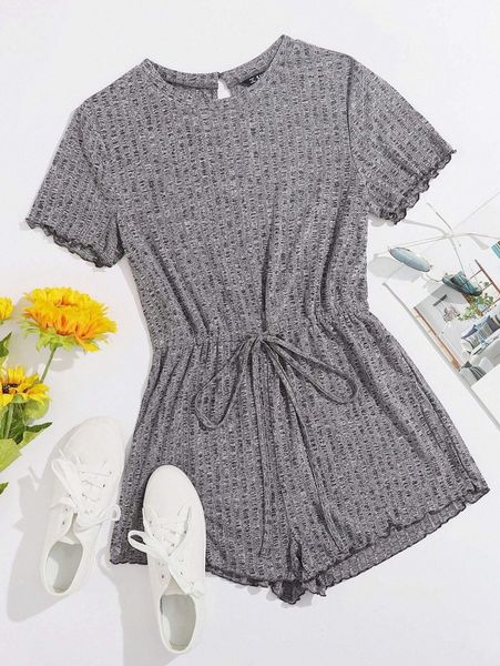 

lettuce trim drawstring waist rib-knit romper b1kg#, White