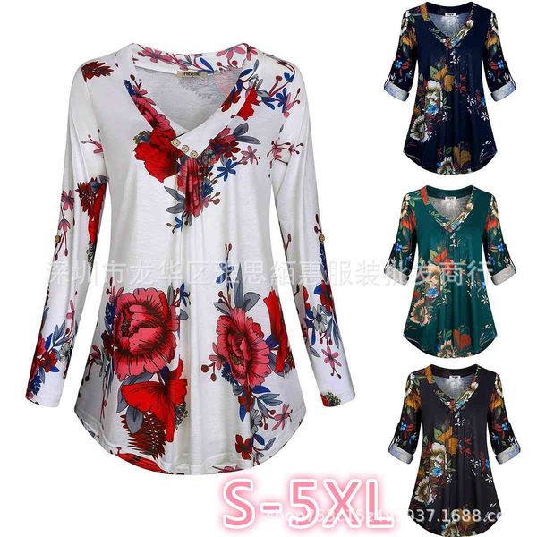 

new autumn slim mid length printed long sleeve v-neck t-shirt, White