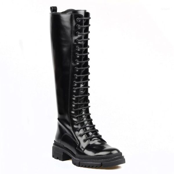 

boots footcourt- black knee high chunky platform genuine leather retro punk round toe height long gothic woman lace up 11