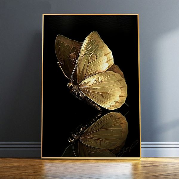 Golden Butterfly Poster e stampe Arte moderna Tela Pittura Arte della parete di lusso Immagine della parete nera e oro per l'arredamento del soggiorno