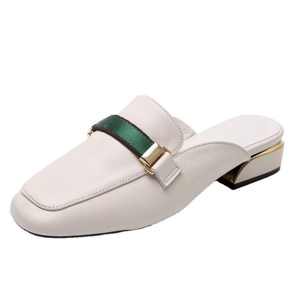 

slippers grain leather sandals shoes fashion square toe women size 35-43, Black