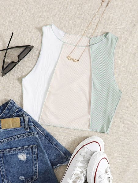 

stitch trim rib-knit colorblock tank 593s#, White