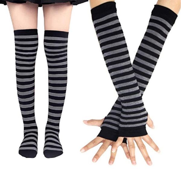 

five fingers gloves women striped elbow over the knee socks suit cosplay fashion warmer knitted fingerless stocking set christmas gift, Blue;gray