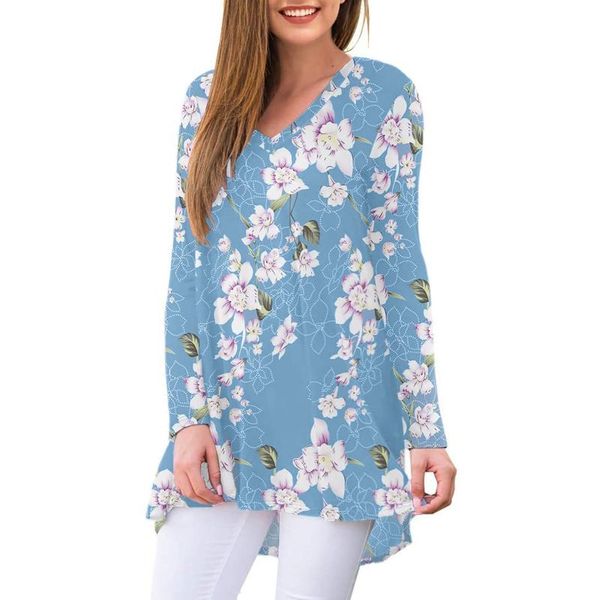 

women's t-shirt casual floral print shirts v-neck long sleeve loose pullovers women clothes homewear camisetas de mujer, White