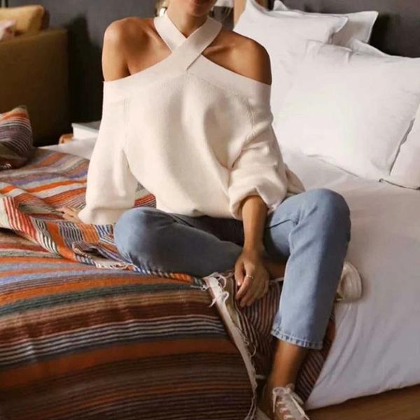 

women's sweaters jchb oversize women cross halter spring fashion ladies elegant knitted pullovers female knitwear soft girls chic, White;black