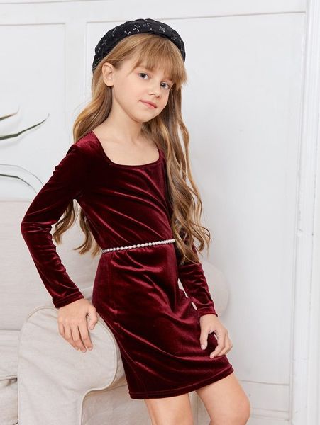 

girls square neck velvet dress without belt she, Red;yellow
