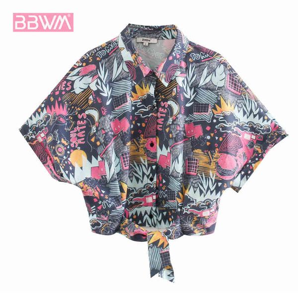 

women's shirt bowknot decorated navel harajuku chic female lapel single-breasted short sleeve taste graffiti print 210507, White