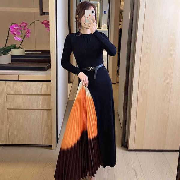 

casual dresses autumn office gradient bold color pleated sweater dress women elegant knitted winter a line party vestidos orae, Black;gray
