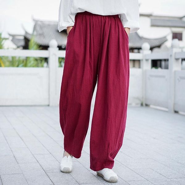 

women's pants & capris johnature autumn casual retro full length comfortable all-match wide leg 2021 loose plus size cotton linen women, Black;white