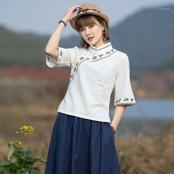

ethnic clothing cotton linen chinese style qipao shirt for women hanfu embroidery retro loose traditional blouse cheongsam 30859, Red