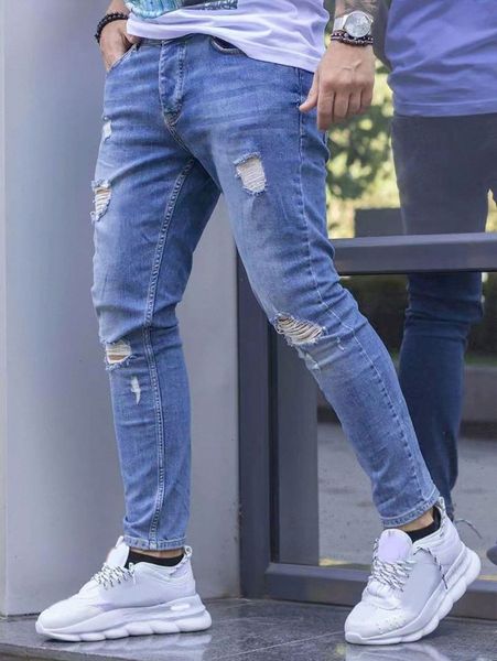 

men bleach wash ripped frayed skinny jeans n5pe#, Blue