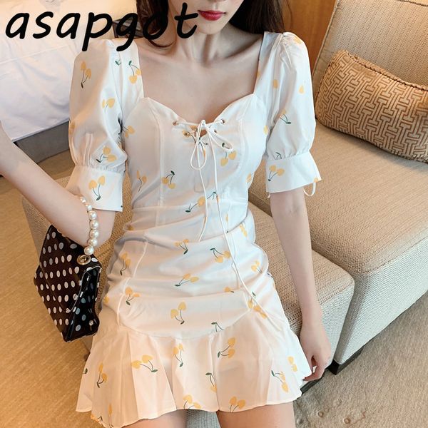 

square neck puff short sleeve chiffon floral cherry dress women mermaid clothing summer slim lace up waist temperament sweet 210429, Black;gray