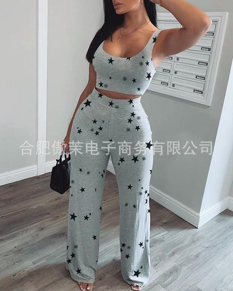 

women's two piece pants two-piece printed leisure sports suit, White