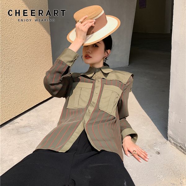 

england style striped long sleeve button up shirt women pocket patchwork army green collar blouse winter clothes 210427, White