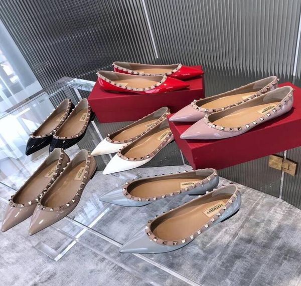 

dress shoes designer brand luxury women basic flats rivets genuine leather v pointed toe wedding shoes big size, Black