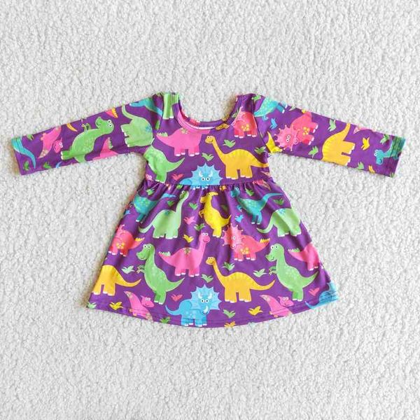 Cor dinossauro vestido de menina bonito dos desenhos animados roupas crianças primavera de mangas compridas roupas infantis G1215
