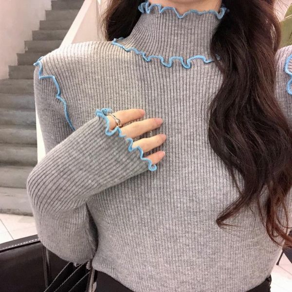 

women's sweaters women clothes long sleeves pullovers sweater ruffle high collar 2021 autumn winter solid color knitted 09f, White;black