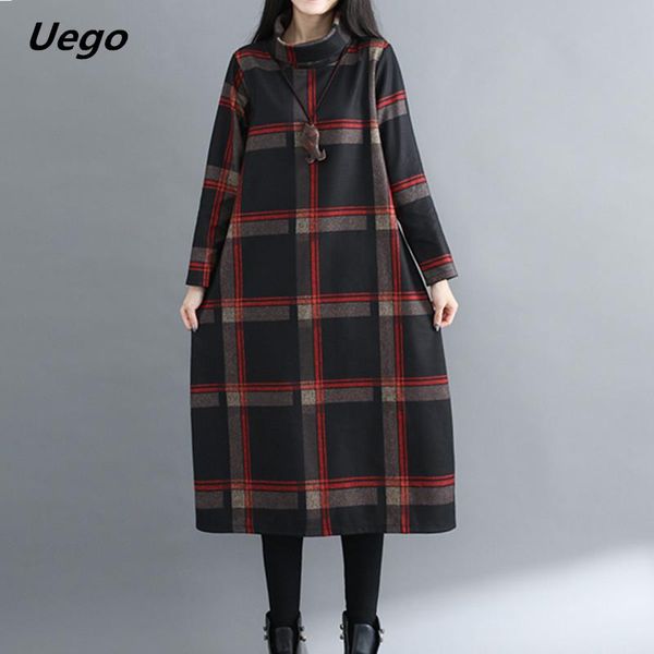 

casual dresses uego 2021 turtleneck thicken warn autumn winter dress plaid british style woolen plus size loose women midi, Black;gray