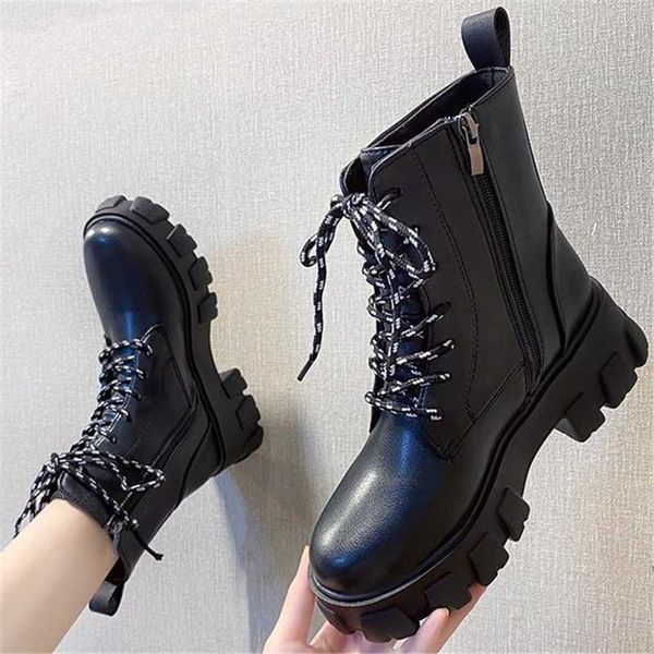 

boots 2021 women's leather autumn winter lace-up women shoes thick heel boot motorcycle zapatos de mujer, Black