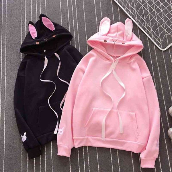 

autumn winter 2020 new korean hooded and velvet sweater girl's student loose size cute rabbit ear coat, Black