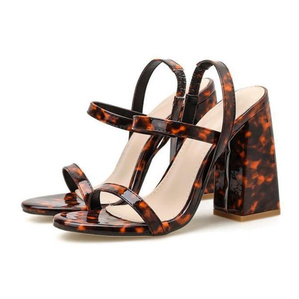 

leopard grain back elastic strap sandals 12cm women square heels summer open toe slip on party shoes, Black