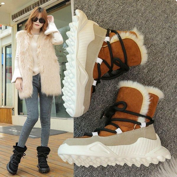 

boots 2021 leather women snow winter platform shoes ankle for non-slip keep warm wool women's sneakers botas mujer, Black