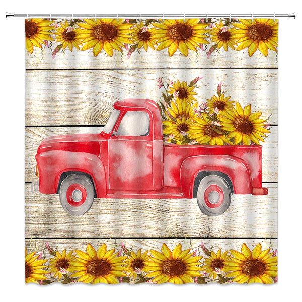 

farm floral shower curtain retro pickup truck with sunflower plant on rustic wooden decor vibrant warm art,fabric bathroom set