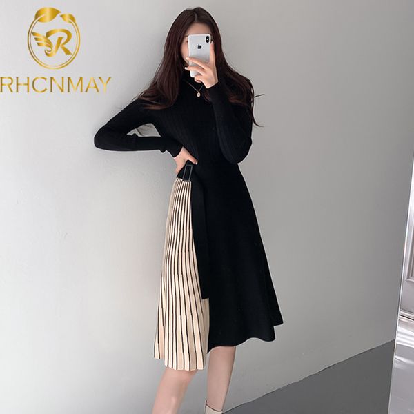 

women sweater dress long sleeve crew neck elegant knitted dress 2021 autumn winter casual slim splicing knitting dressswimwear bathing suits, Black;gray