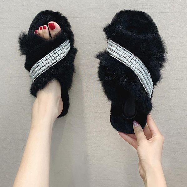 

winter women slippers indoor warm fur plush fashion versatile flat soft bottom pearl pantoufle femme fourrure, Black