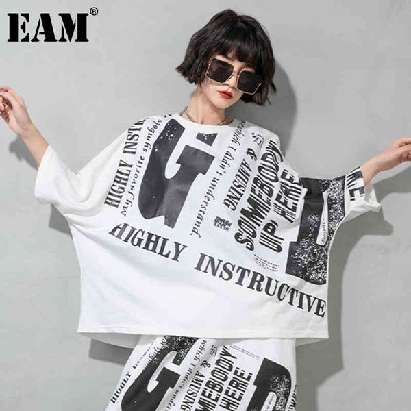 

[eam] women white pattern printed big size t-shirt round neck three-quarter sleeve fashion spring summer 1dd7746 21512