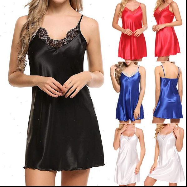 

lace nightdress v neck womens sleepwears night dress dresses satin up sleepwear sleeveless gown bathrobe, Black;red