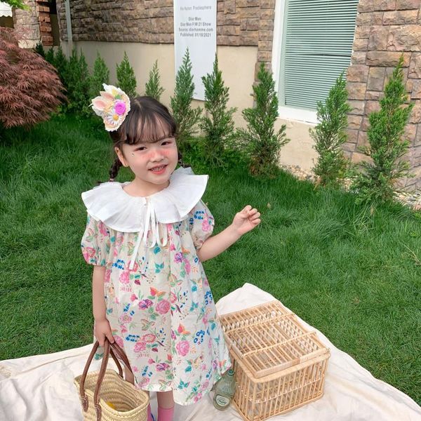 

girls floral print dress 2021 summer cute baby double lapel lace princess girl's dresses, Red;yellow