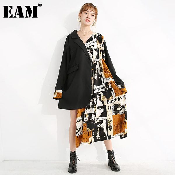 

casual dresses [eam] women black pattern printed irregular big size dress v-neck long sleeve loose fit fashion spring autumn 2021 1y42401, Black;gray