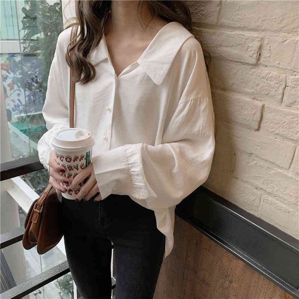 

korean solid color autumn loose long sleeve plain doll collar blusas femininas elegante women blouse shirt 104d 210420, White