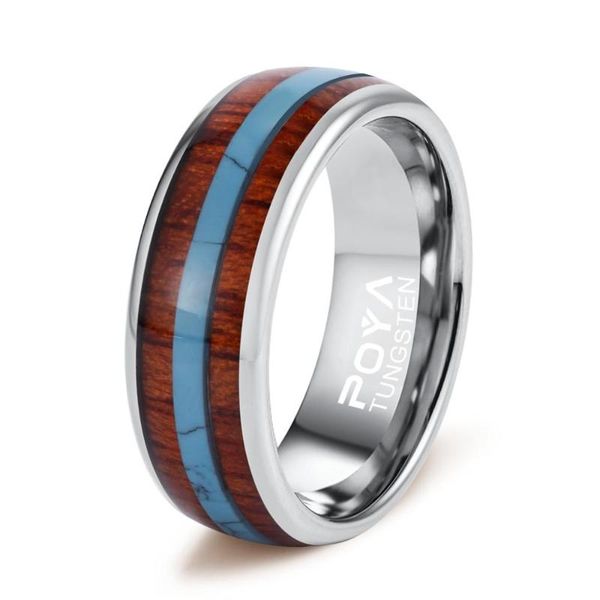 

wedding rings design 8mm width high polished silver tones tungsten dome band inlay wood & turquoise mens gift size 7-12, Slivery;golden