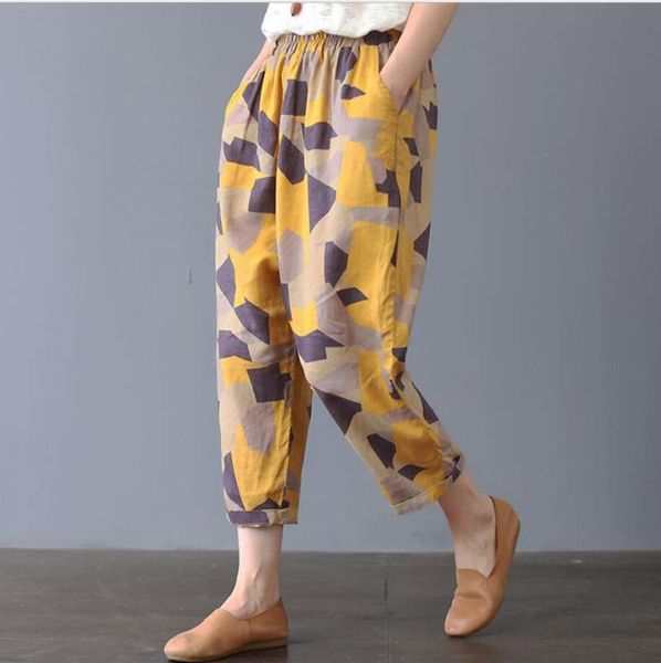 

women's pants & capris printing cotton linen women pockets harem trousers casual tall waist vintage loose female summer old, Black;white