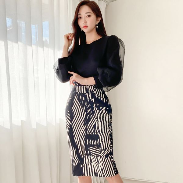 

spring two-piece women clothing sets mesh korea black bodycon print midi skirt sets female office suit dresses, Black;gray