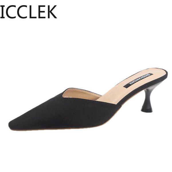 

fashion dress slippers woman summer outdoor pointed toe high heels slides baotou half thin heel mueller shoes, Black