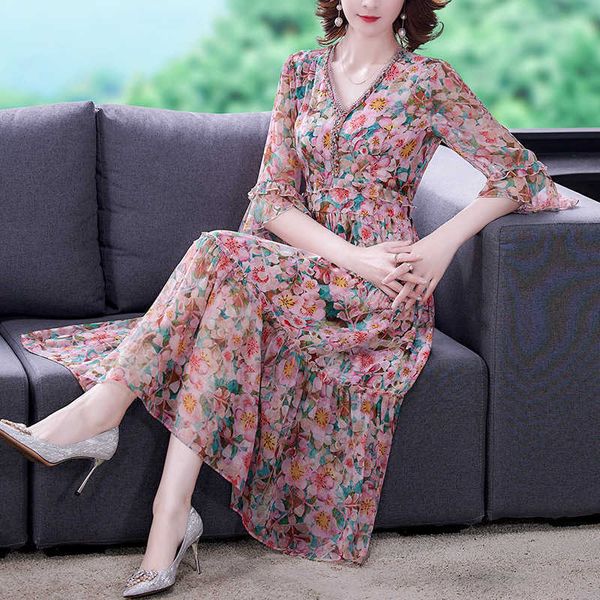 

silk floral drs women's spring and summer 2021 long mulberry silk skirt, Black;gray