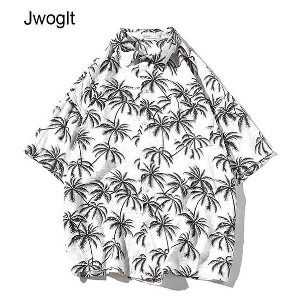 

summer thin fabric tropical coconut tree printed men's beach shirt fashion short sleeve loose casual shirts hawaiian 210528, White;black