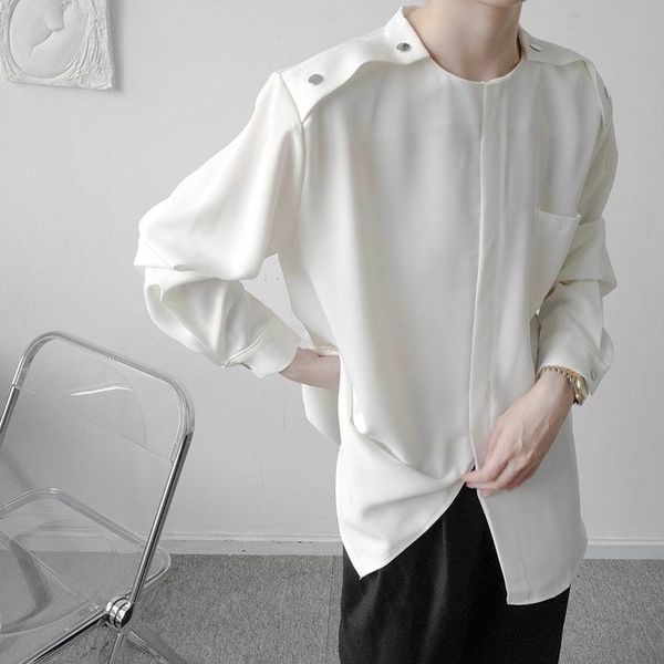 

men's casual shirts 2021 autumn collarless long sleeve solid color shirt for men single pocket loose japan style clothing, White;black